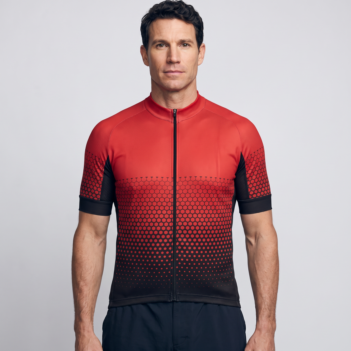 Men's cycling jersey in red, front view worn