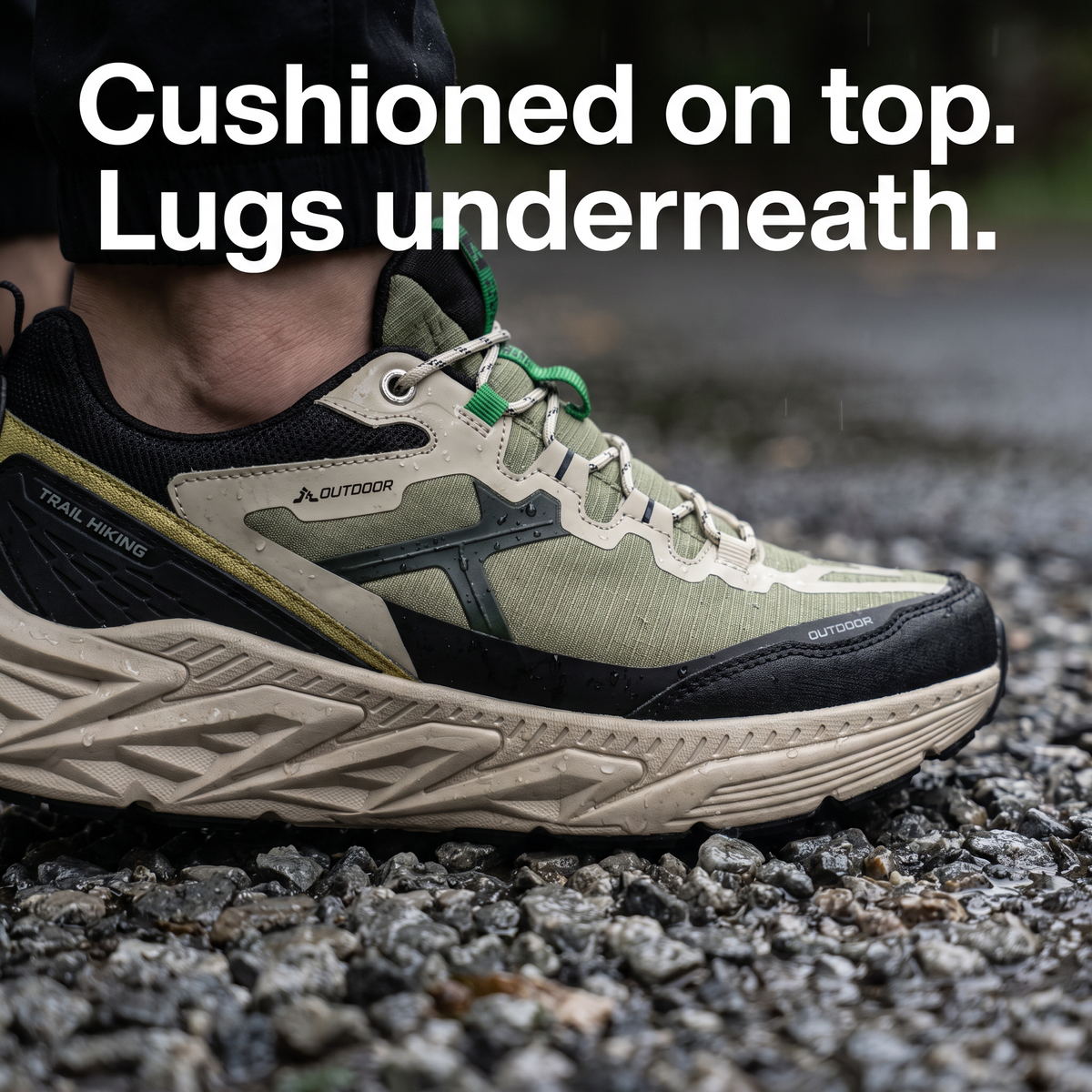 Cushioned on top, lugs underneath: Terrabound Men's Trail Shoes midsole and angled rubber lugs planted on wet gravel
