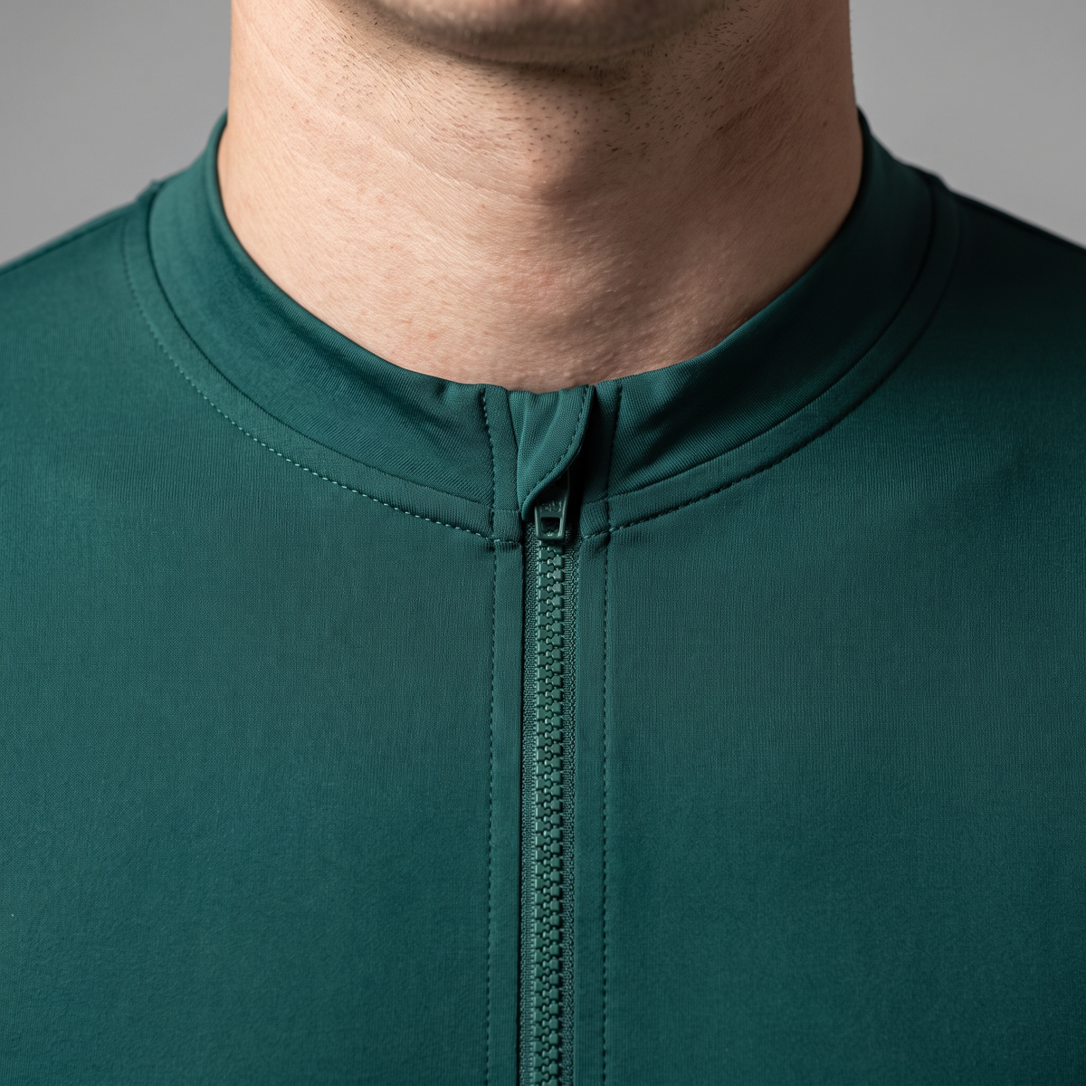 Collar detail showing the fabric garage over the zip head