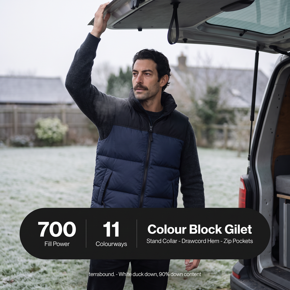Man wearing the down gilet at a van with the key specifications listed