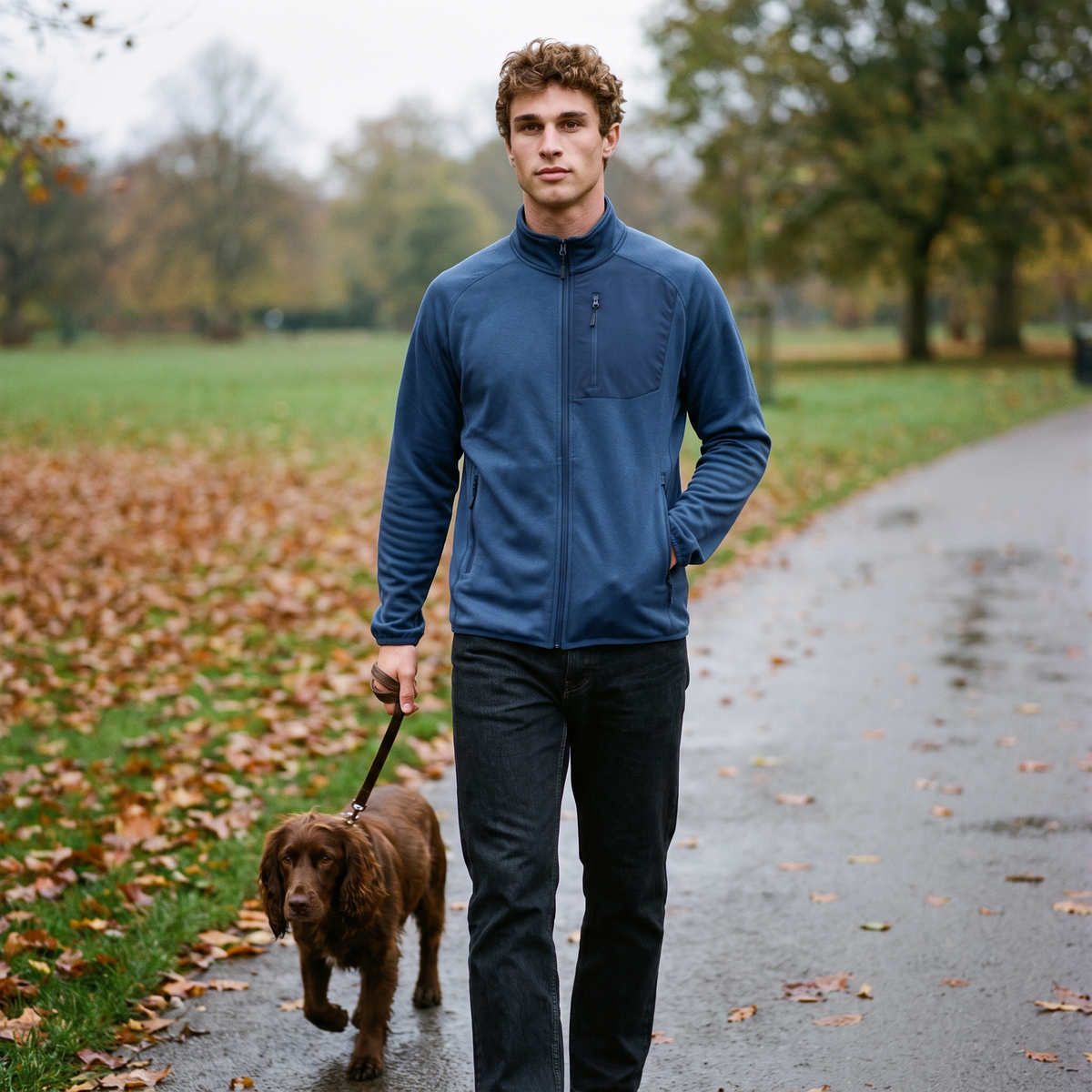 Man walking a spaniel on a park path wearing the Terrabound Men's Fleece Jacket in Navy