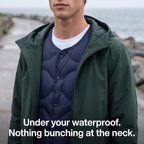 Men's Puffer Jacket worn under an open waterproof shell with nothing bunching at the collarless neck