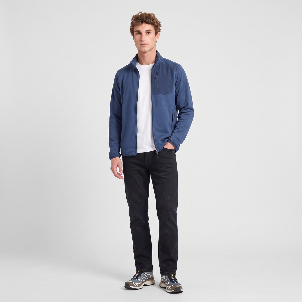 Terrabound Men's Fleece Jacket in Navy, full length over a white tee with dark jeans
