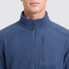 Close-up of the stand collar, zip and chest pocket on the Terrabound Men's Fleece Jacket in Navy