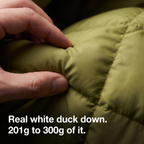 Close up of the quilted channel pinched to show the white duck down loft inside