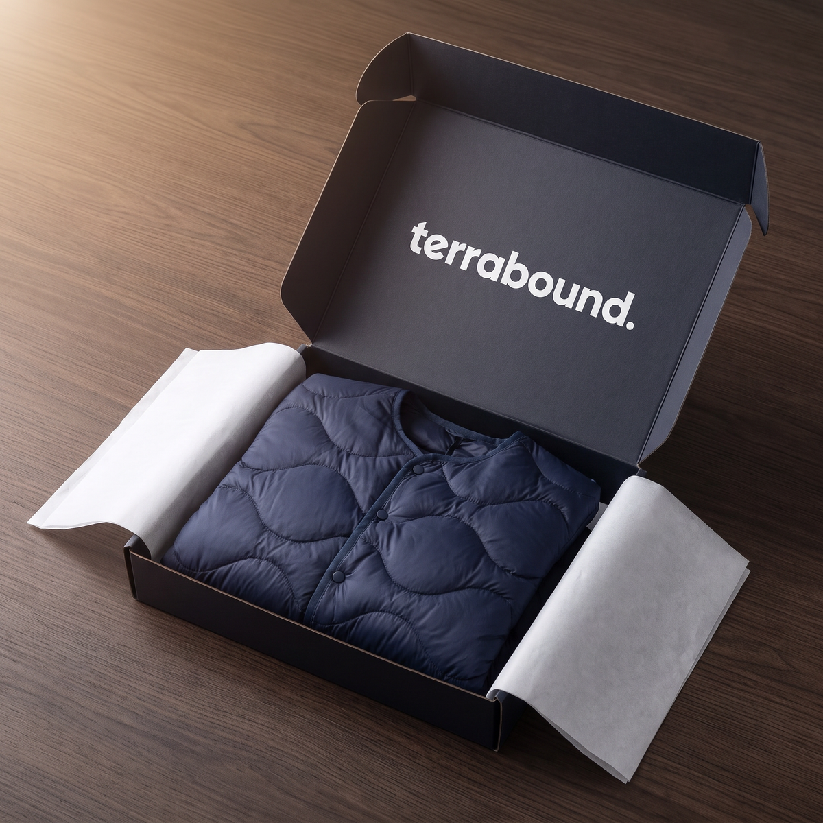 Terrabound Men's Puffer Jacket in Navy folded in a branded mailer box