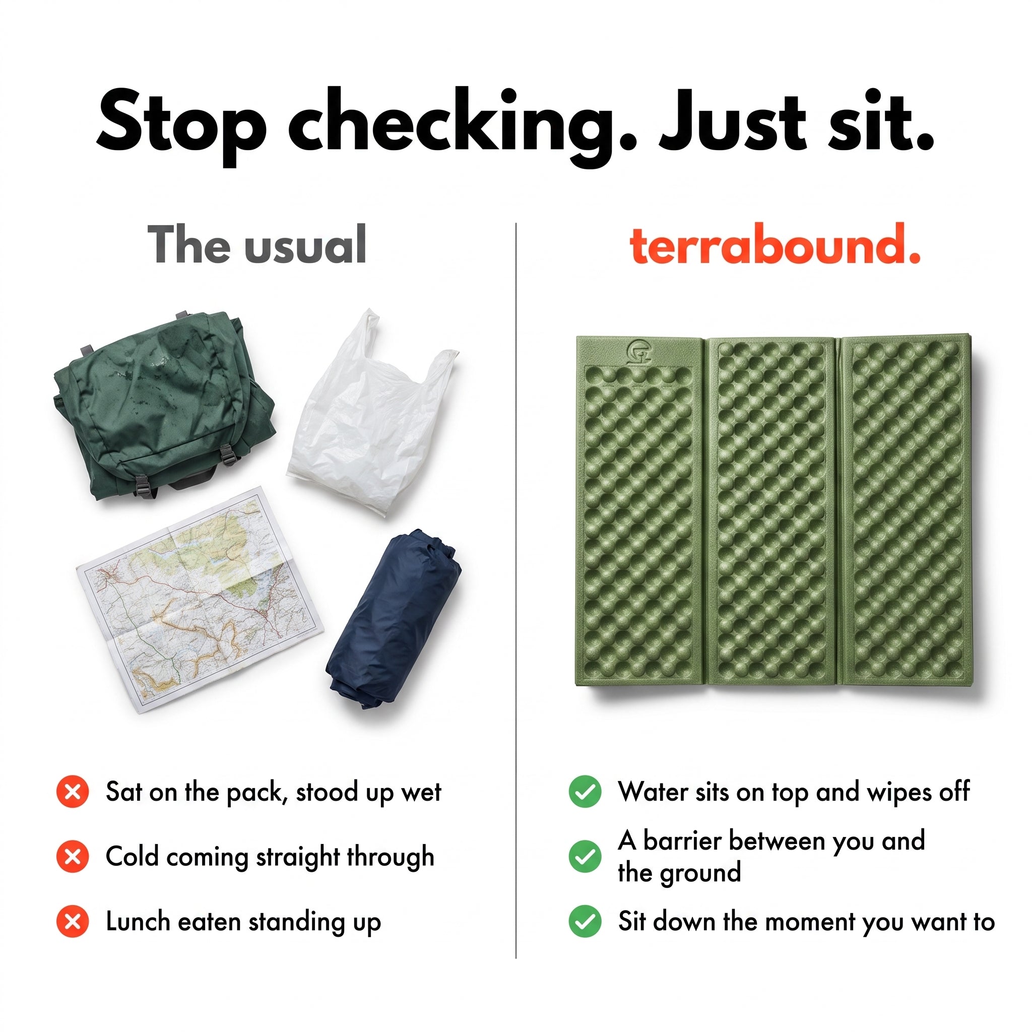 A damp rucksack and carrier bag compared with the folding sit mat