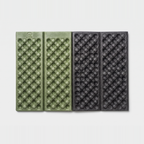 Folding sit mat folded in half showing the army green face and the black grey reverse face
