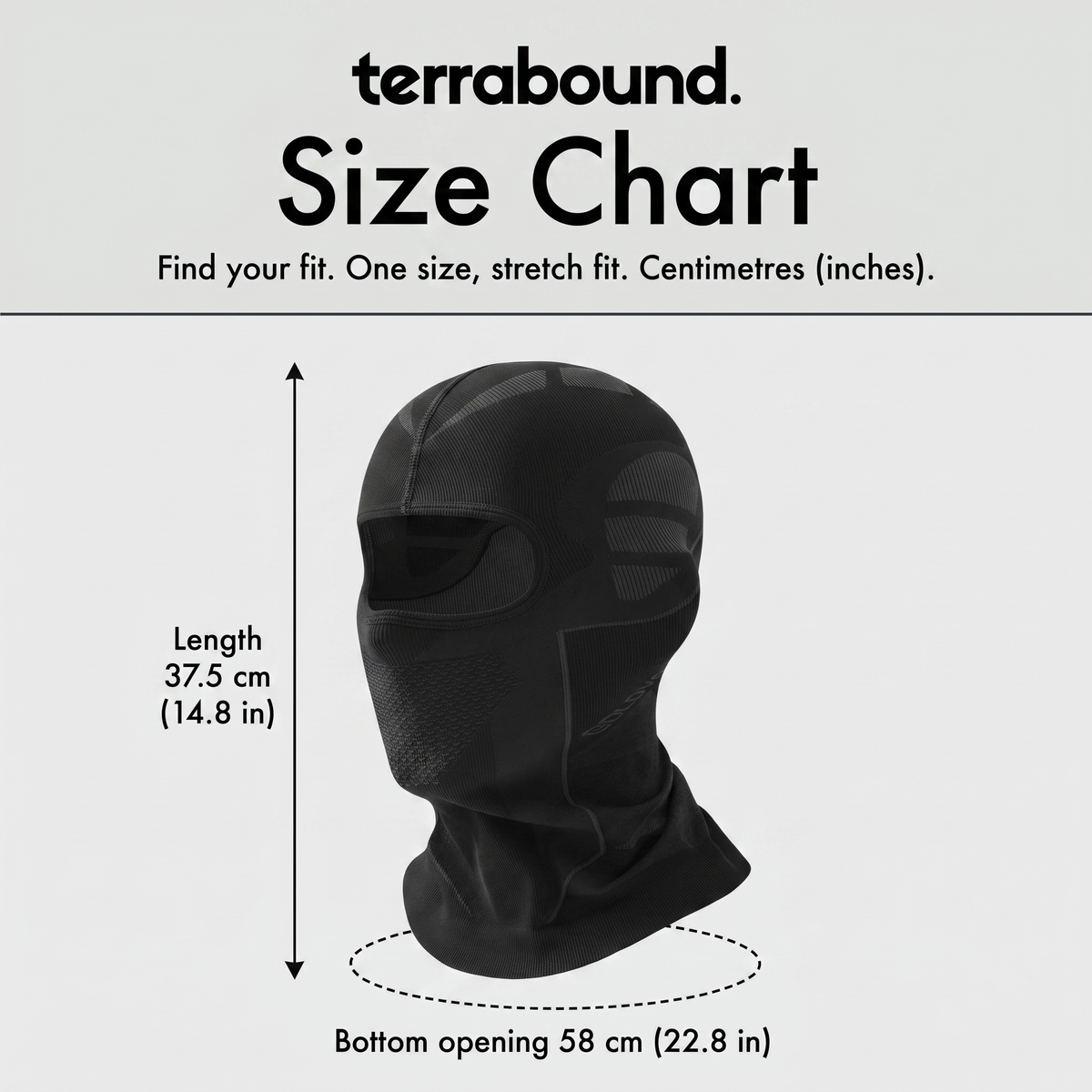 Size chart: one size stretch fit, length 37.5 cm, bottom opening 58 cm