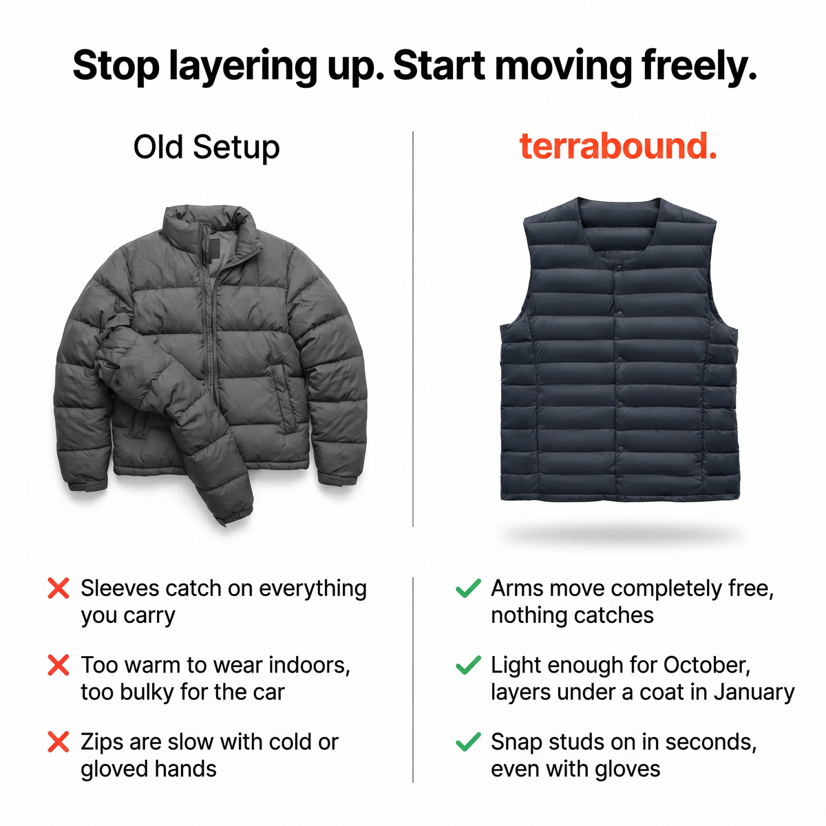 Comparison of a bulky jacket versus the Terrabound down gilet