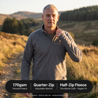 Terrabound half-zip fleece worn on a trail, with product spec overlay