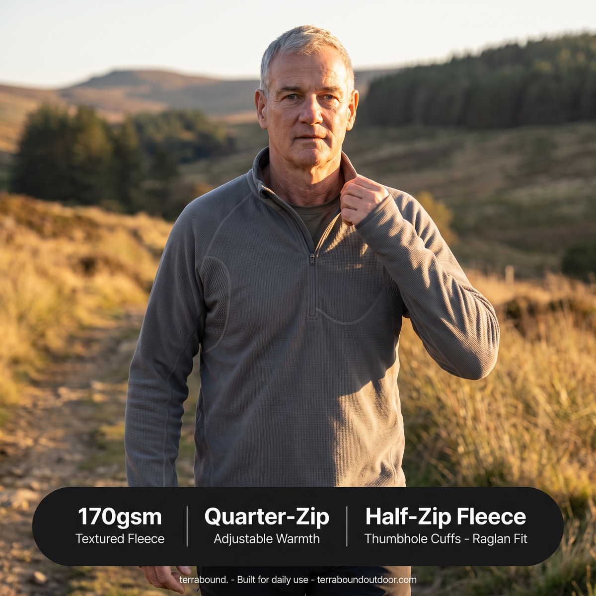 Terrabound half-zip fleece worn on a trail, with product spec overlay