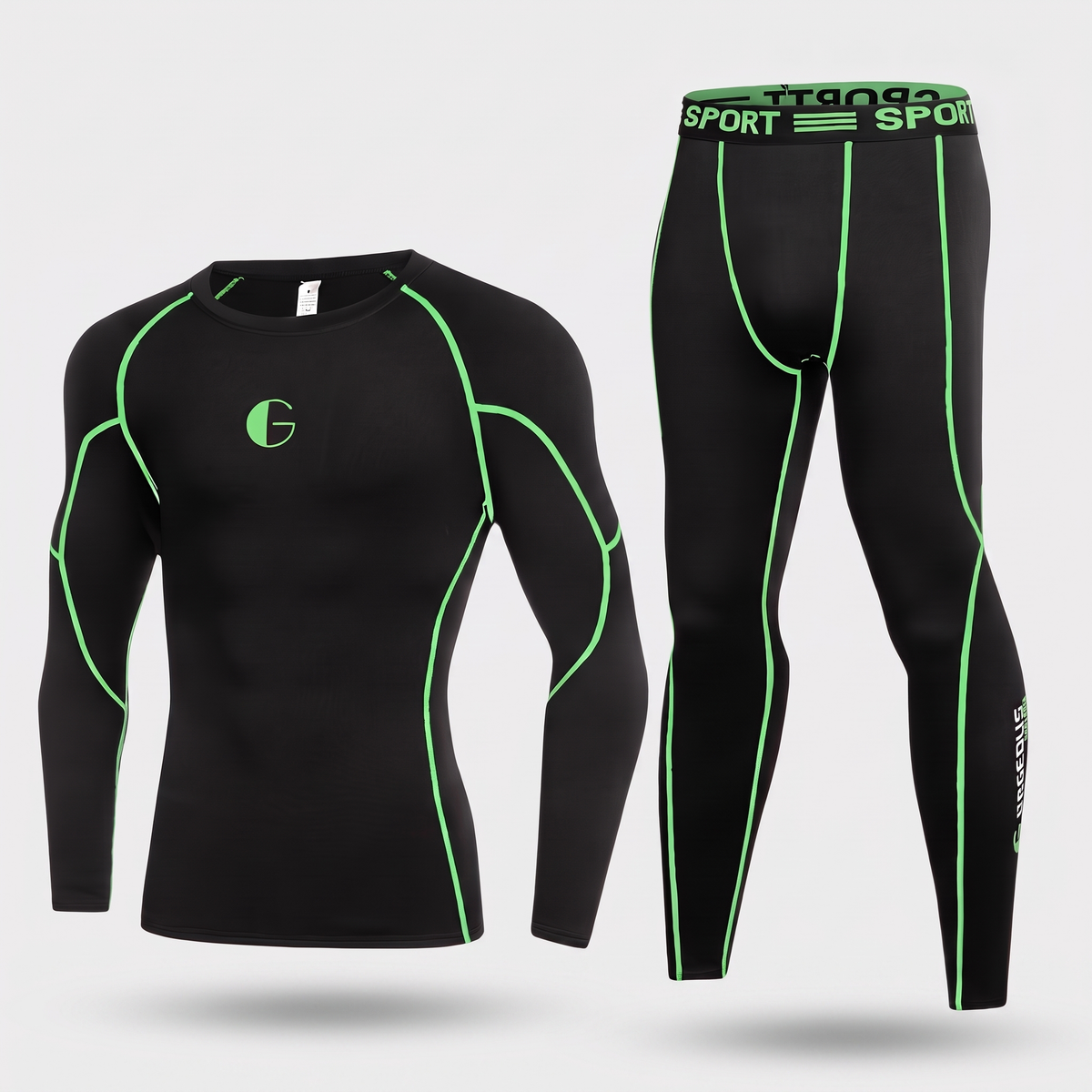 Men's base layer set Black / Green thermal top and tights