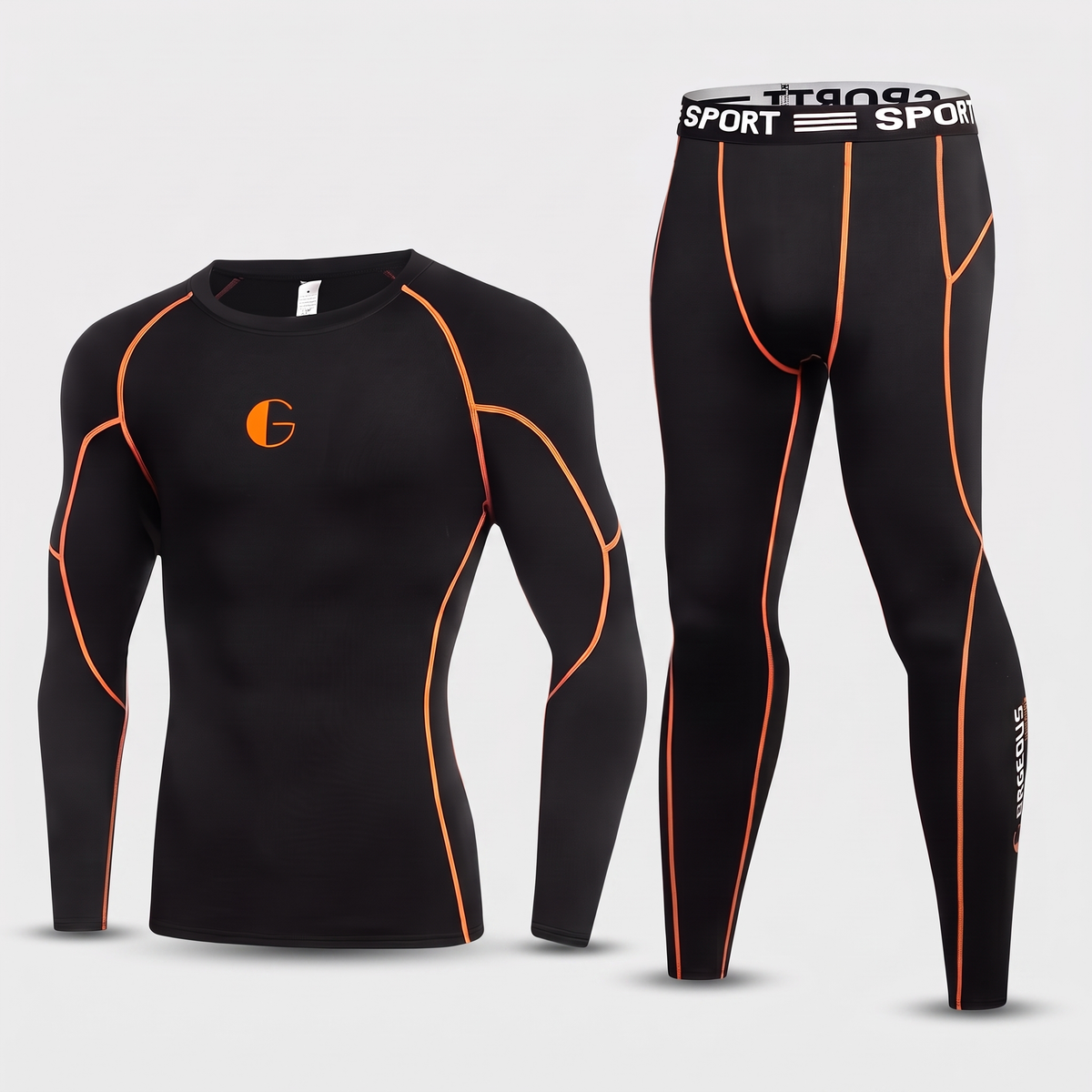 Men's base layer set Black / Orange thermal top and tights