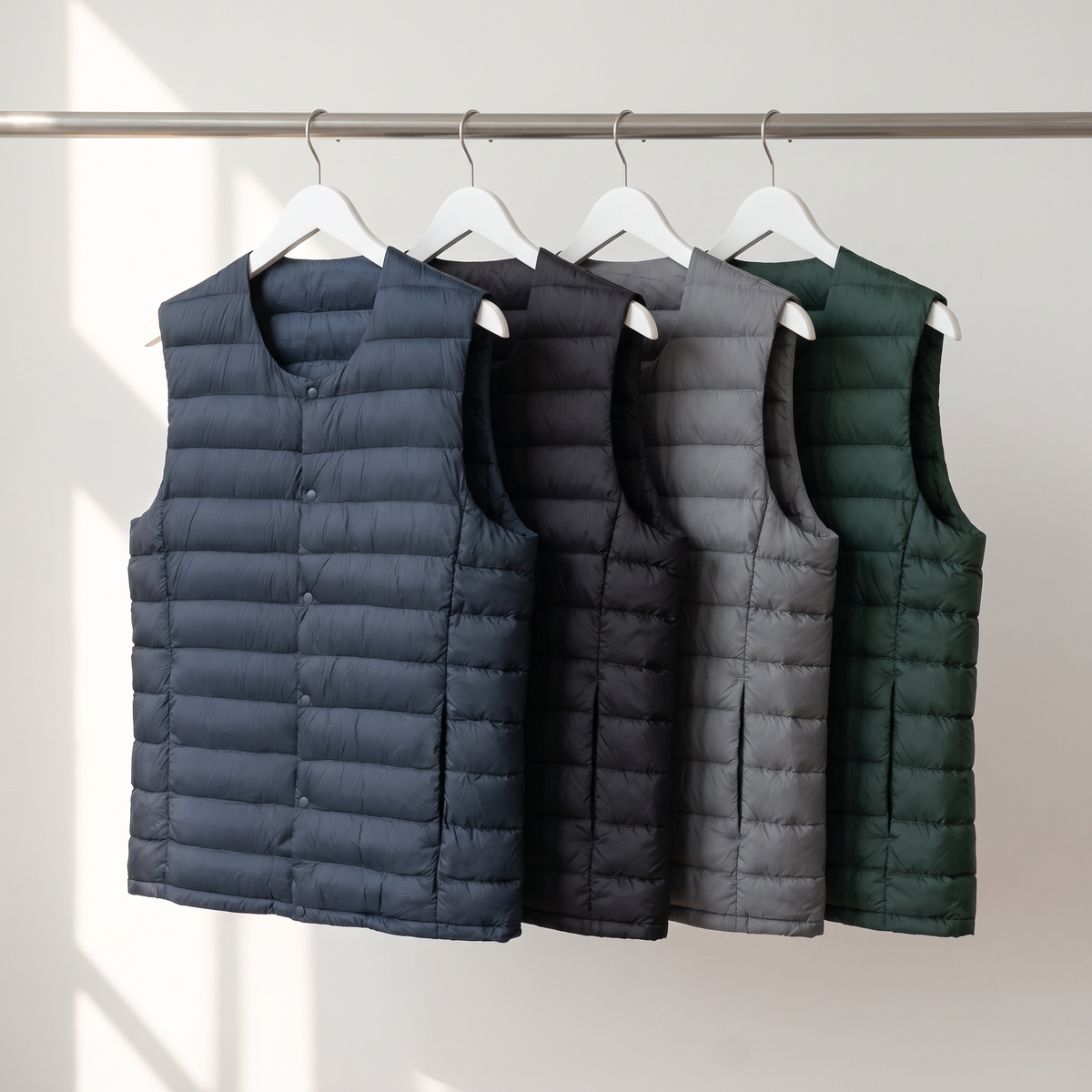 Terrabound down gilet shown in all four colourways: Navy, Black, Grey and Dark Green