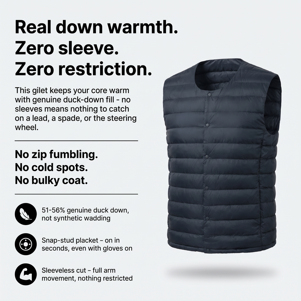 Terrabound down gilet key features: genuine down fill, snap-stud placket, sleeveless design