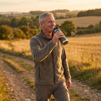 Man drinking from the Terrabound insulated water bottle on a countryside trail