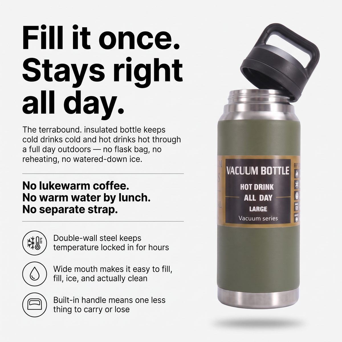 Terrabound insulated water bottle key features: double-wall insulation, wide mouth, built-in handle