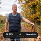 Terrabound down gilet worn while dog walking, with product spec overlay