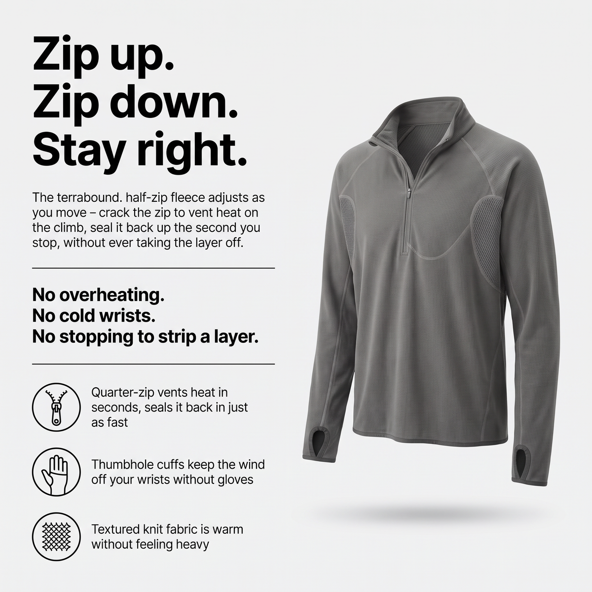Terrabound half-zip fleece key features: quarter-zip, thumbhole cuffs, textured knit fabric