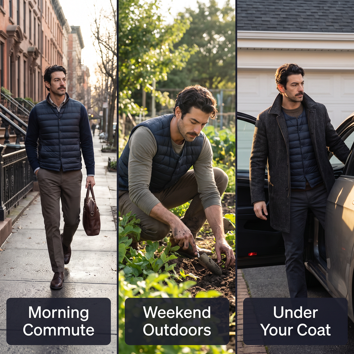 Terrabound down gilet worn commuting, outdoors, and layered under a coat