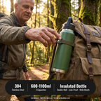 Terrabound insulated water bottle clipped to a rucksack on a trail, with product spec overlay