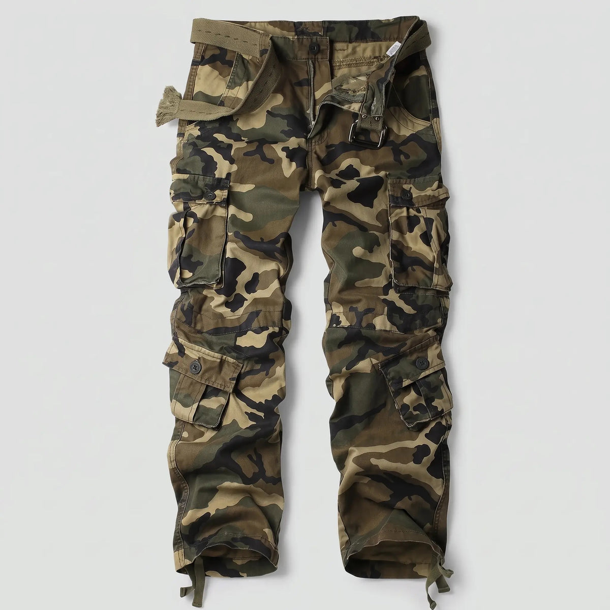 Men's camo cargo trousers in Olive Green, front view