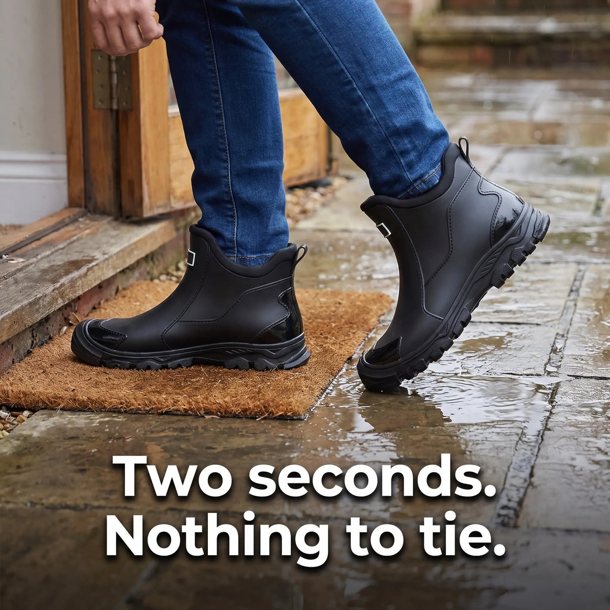 Stepping out of the back door onto a wet patio in the black ankle wellies, nothing to fasten