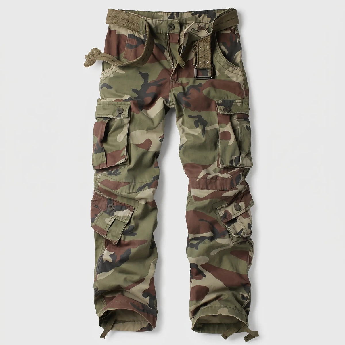 Men's camo cargo trousers in Army Green, front view