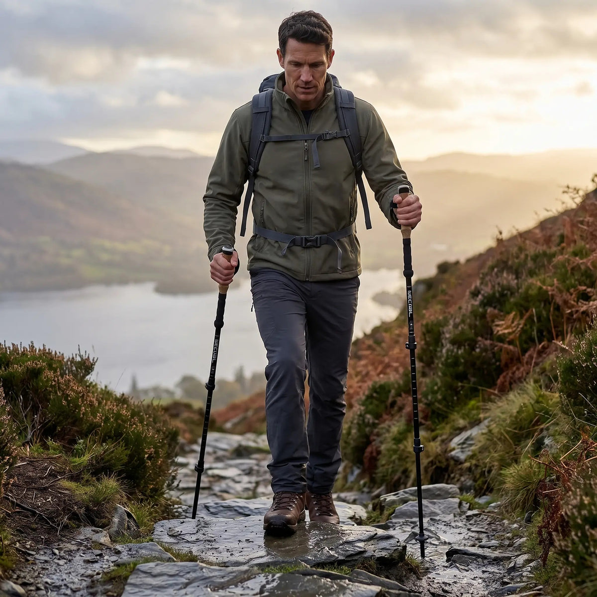 Man walking down a wet Lake District fell path with trekking poles