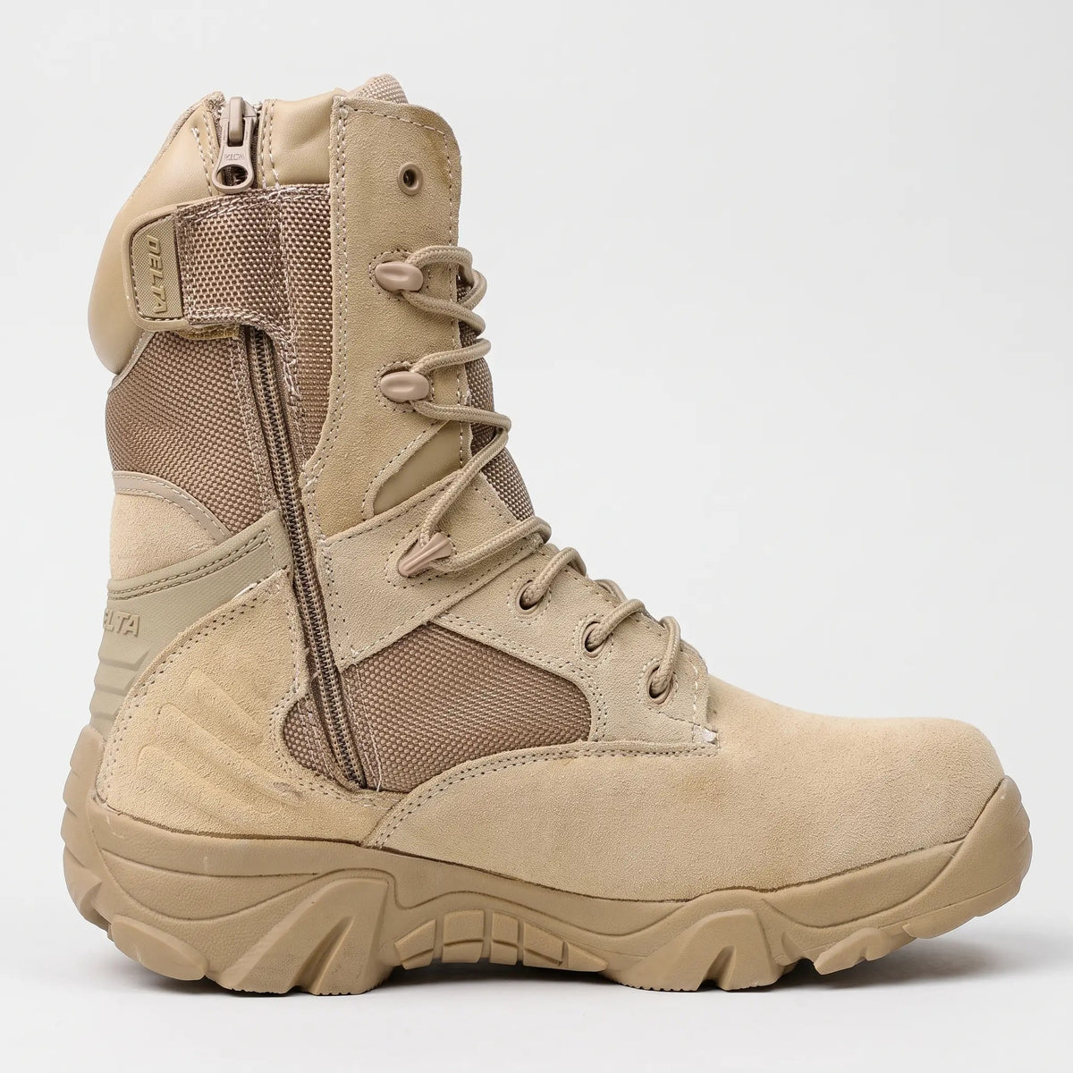 Khaki combat boot inner side with full-height zip