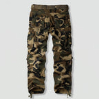 Men's camo cargo trousers in Olive Green, back view with button-flap rear pockets