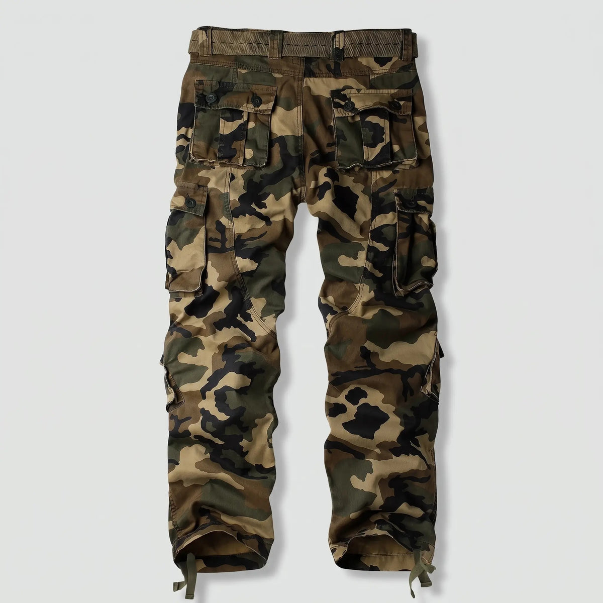Men's camo cargo trousers in Olive Green, back view with button-flap rear pockets