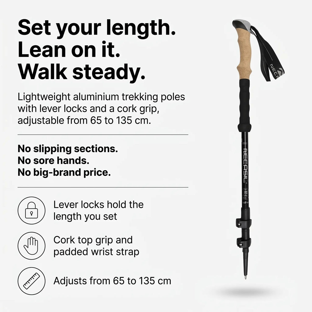 Trekking poles infographic with lever locks, cork grip and 65 to 135 cm range