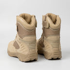 Khaki combat boots from behind with padded collars