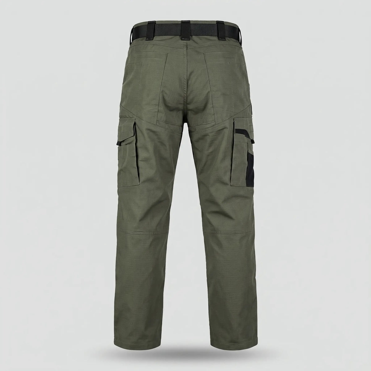Men's work trousers in Army Green, back view with flapped rear pockets