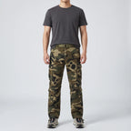 Olive Green camo cargo trousers worn, front view