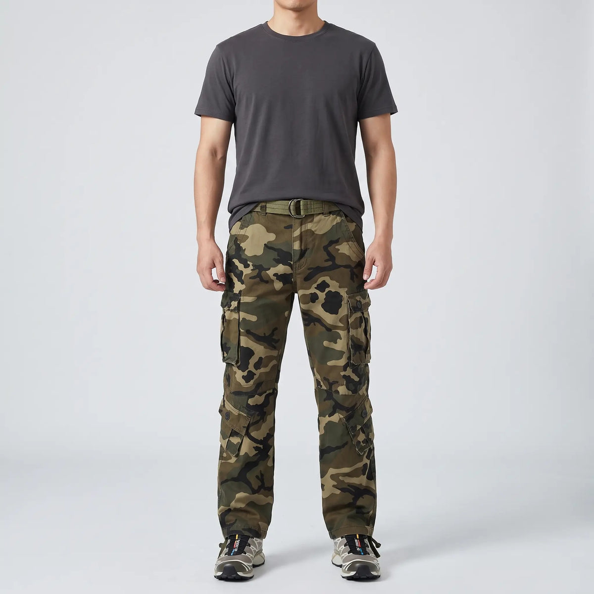 Olive Green camo cargo trousers worn, front view