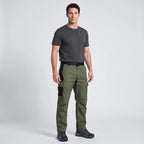 Man wearing Army Green ripstop cargo trousers with a charcoal T-shirt and trail shoes