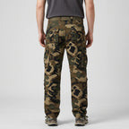 Olive Green camo cargo trousers worn, back view