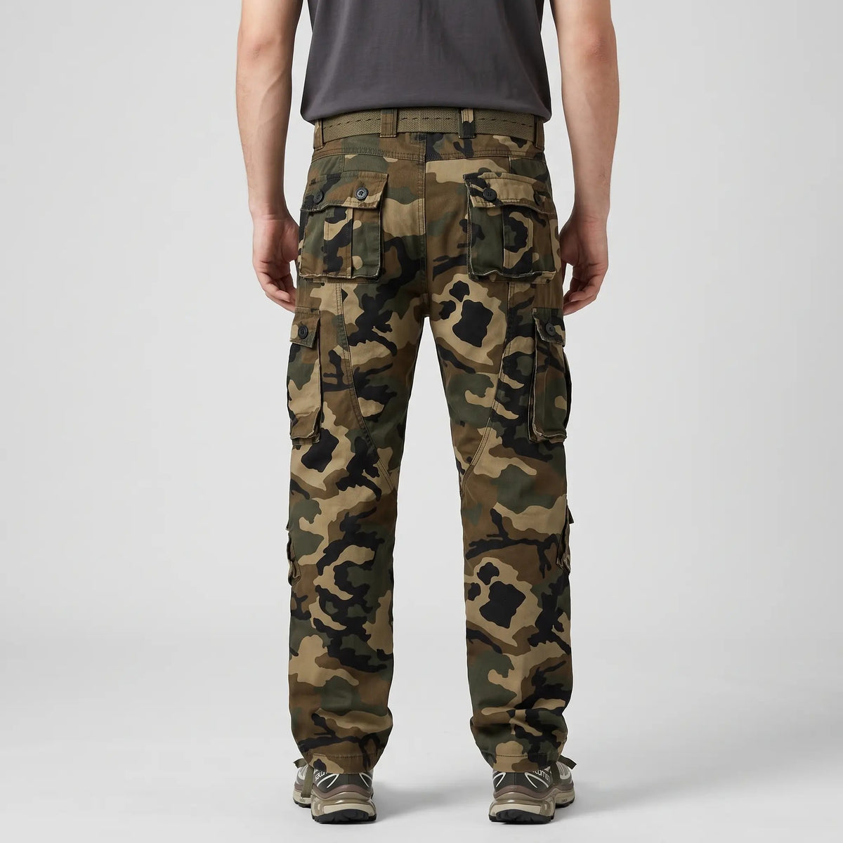 Olive Green camo cargo trousers worn, back view