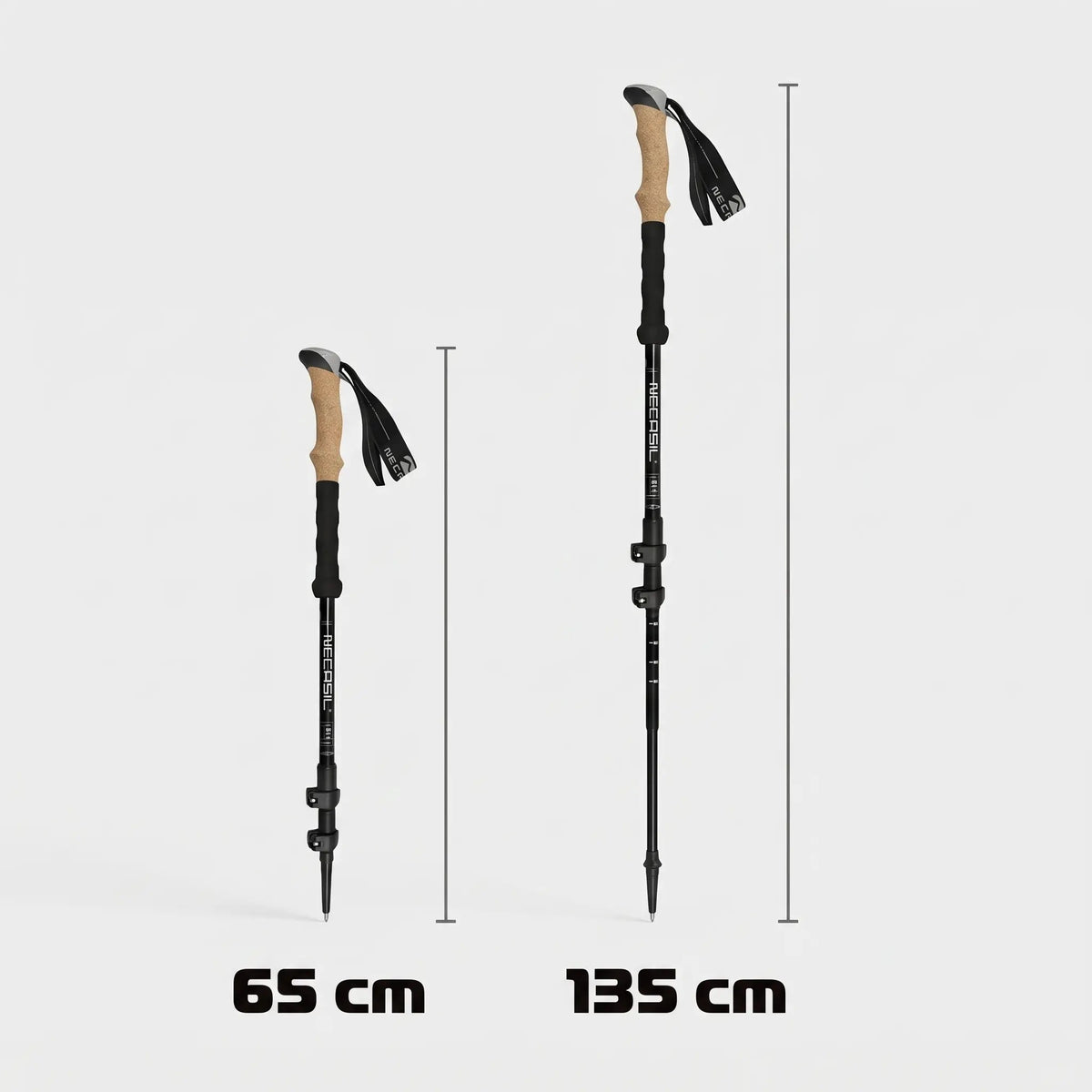 Trekking pole collapsed to 65 cm and extended to 135 cm
