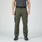 Army Green work trousers worn, front view