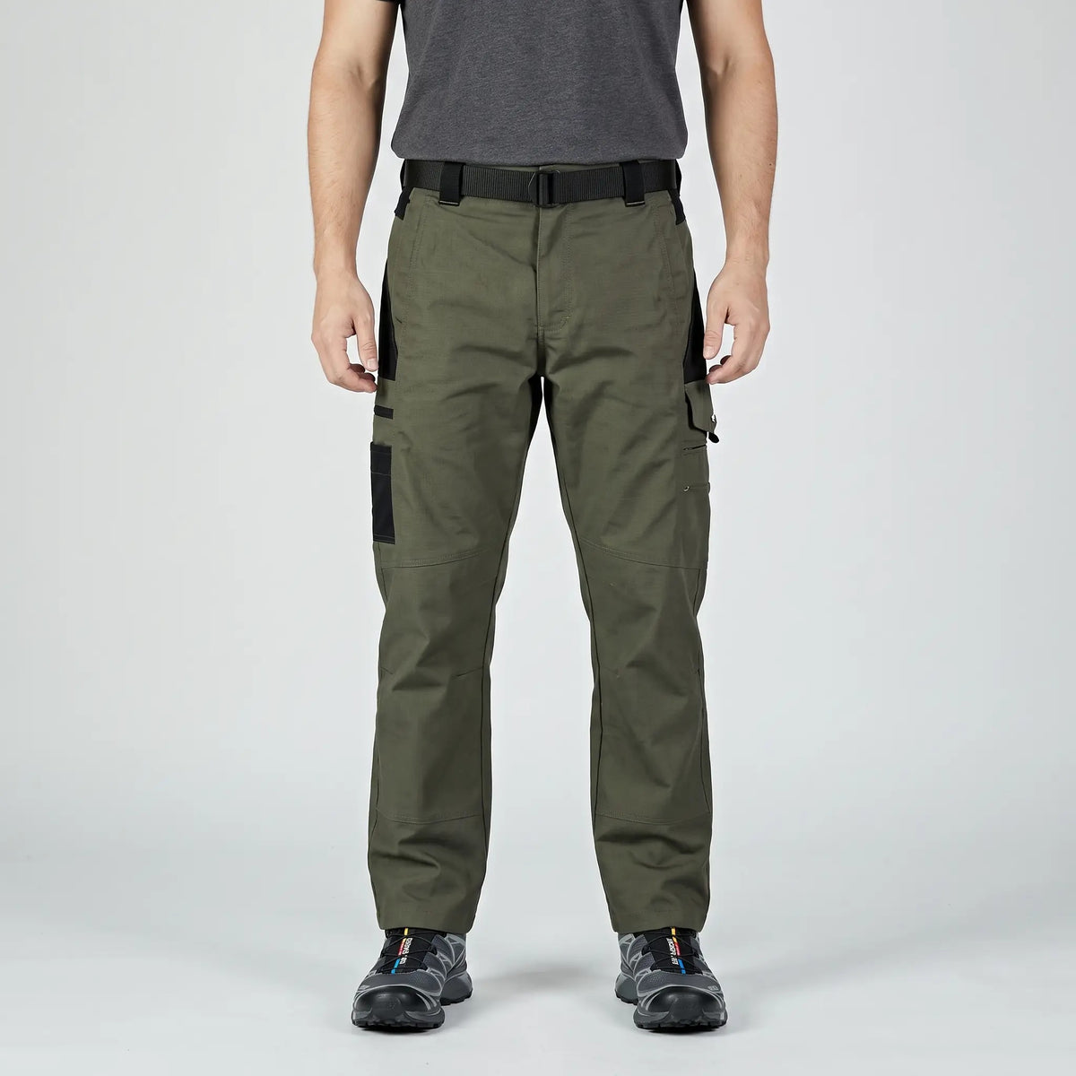 Army Green work trousers worn, front view