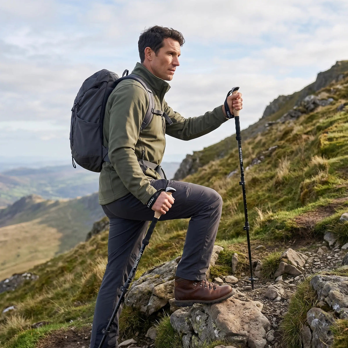 Man climbing a Snowdonia ridge with trekking poles