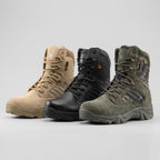 Combat boots in Khaki, Black and Green Camouflage side by side