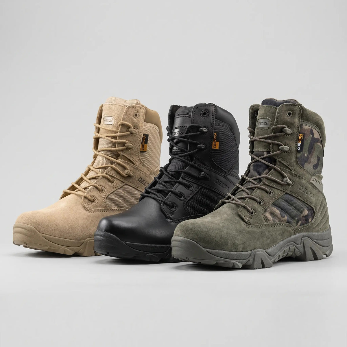 Combat boots in Khaki, Black and Green Camouflage side by side
