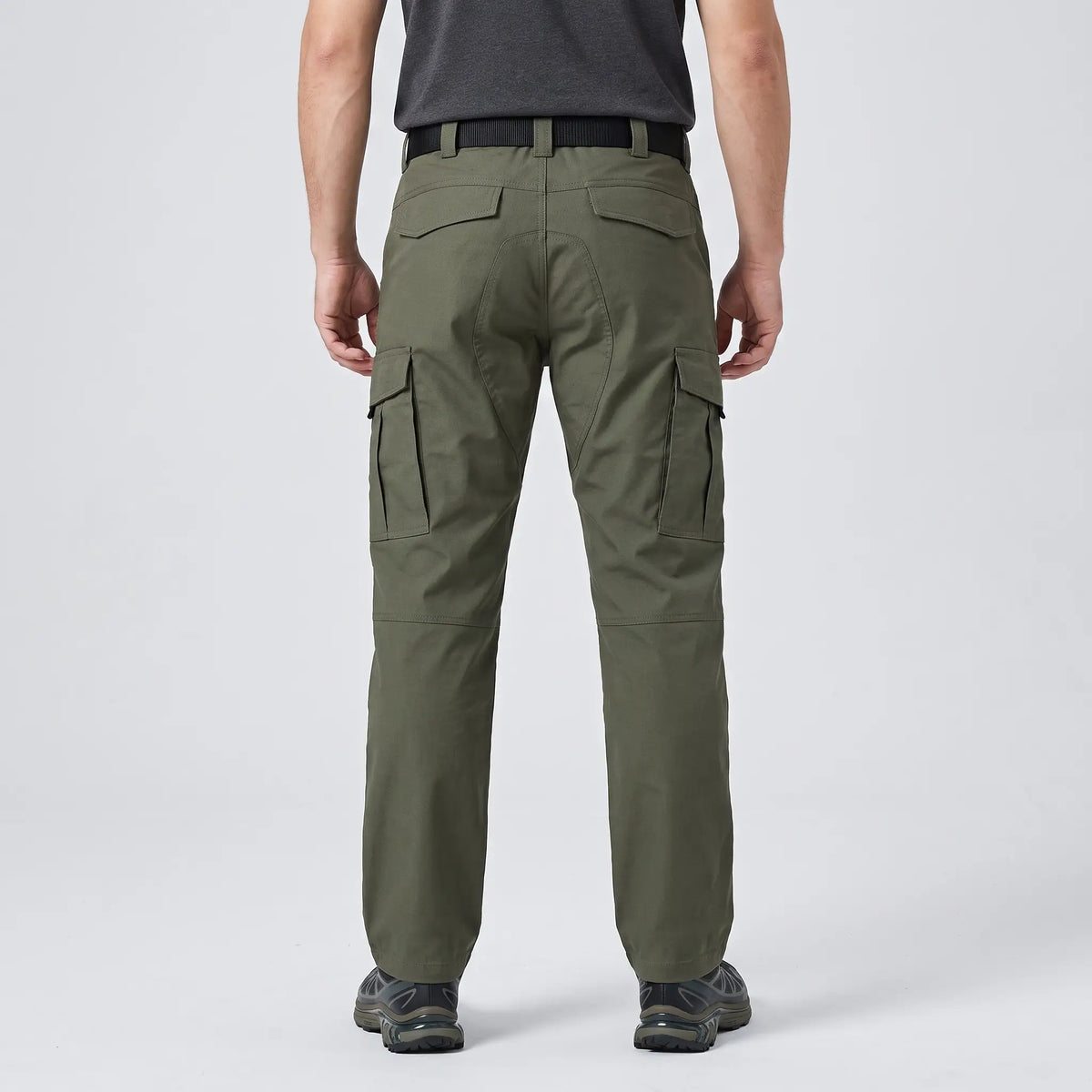 Army Green work trousers worn, back view