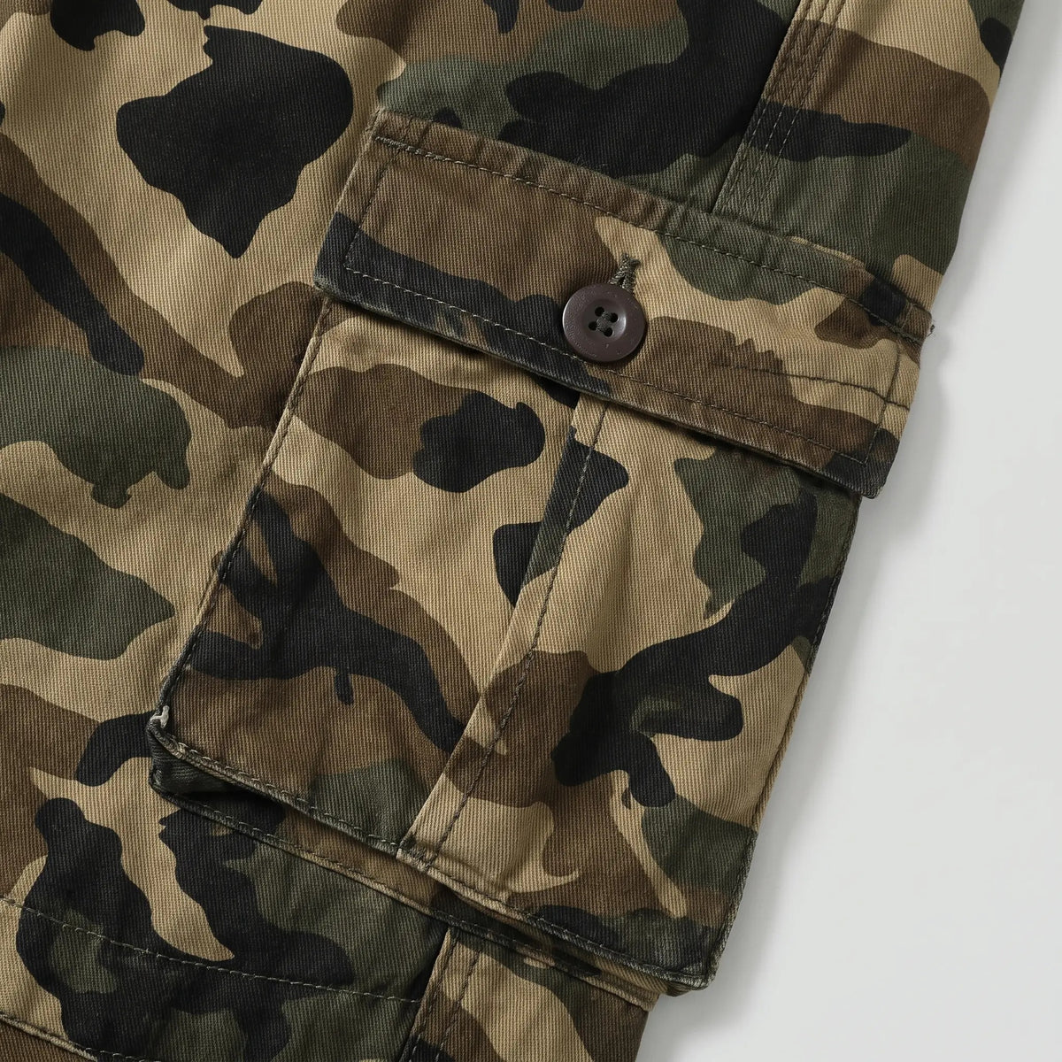 Close-up of the button-flap bellows cargo pocket on the thigh
