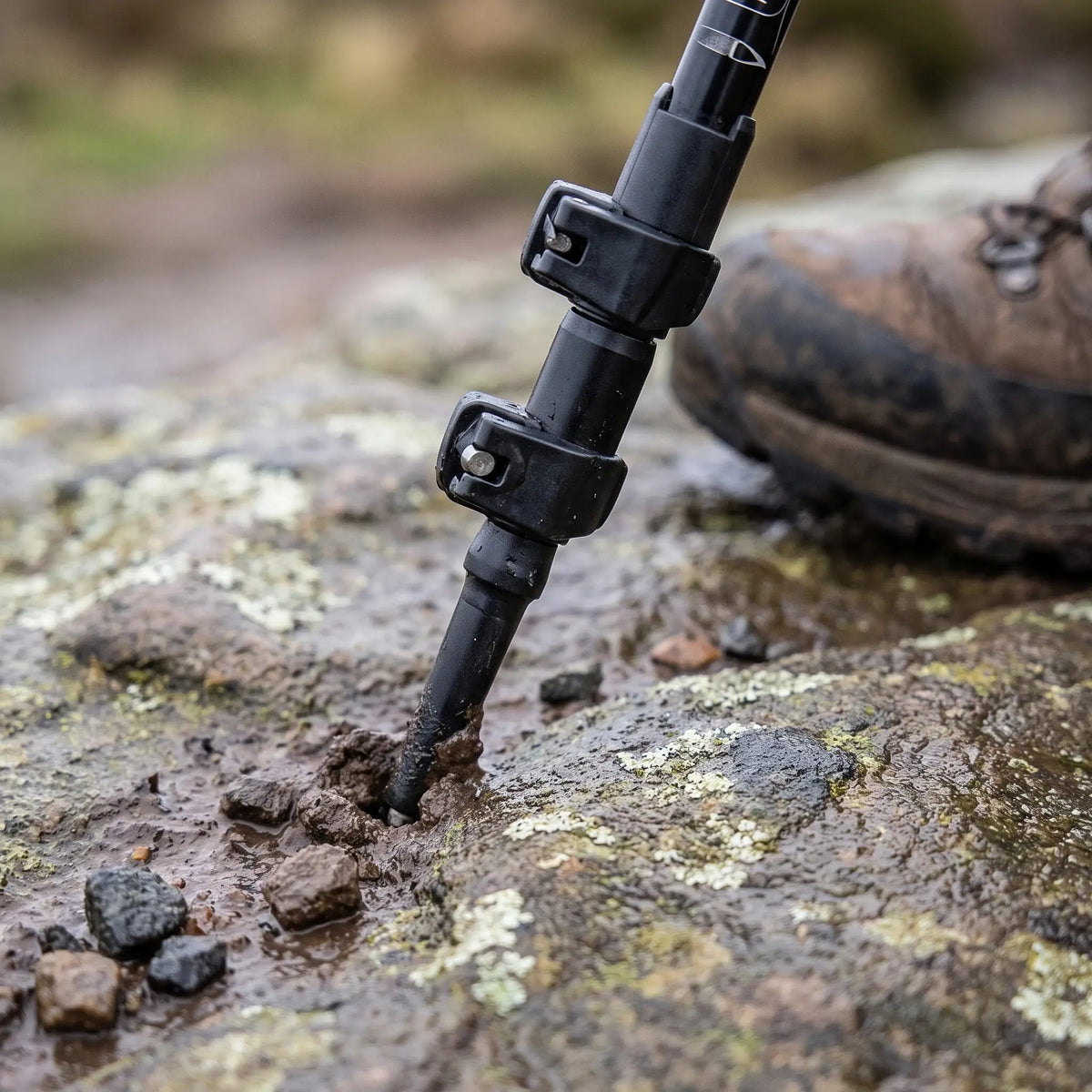 Trekking pole tip and lever locks planted on wet gritstone